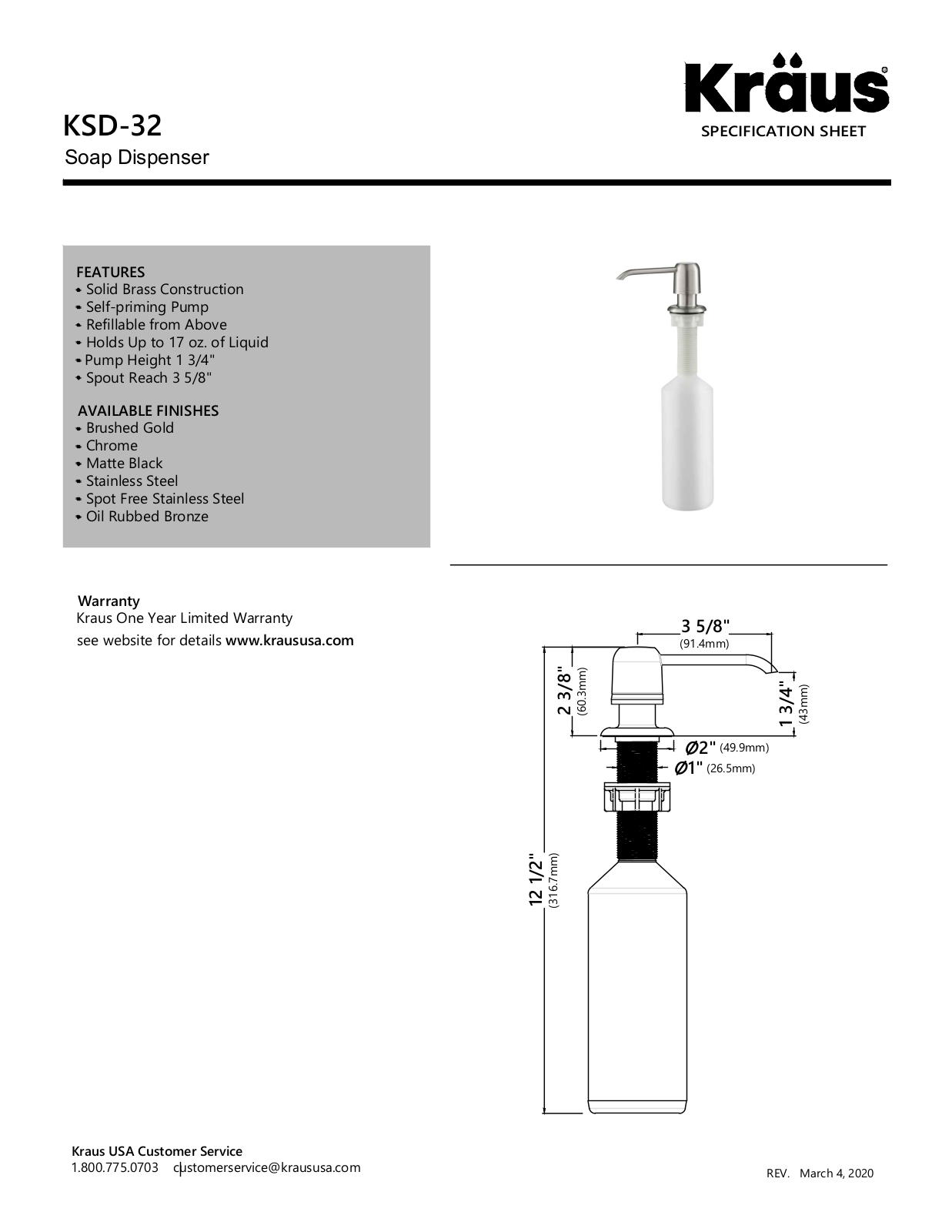 Kraus KSD32SFS Specs