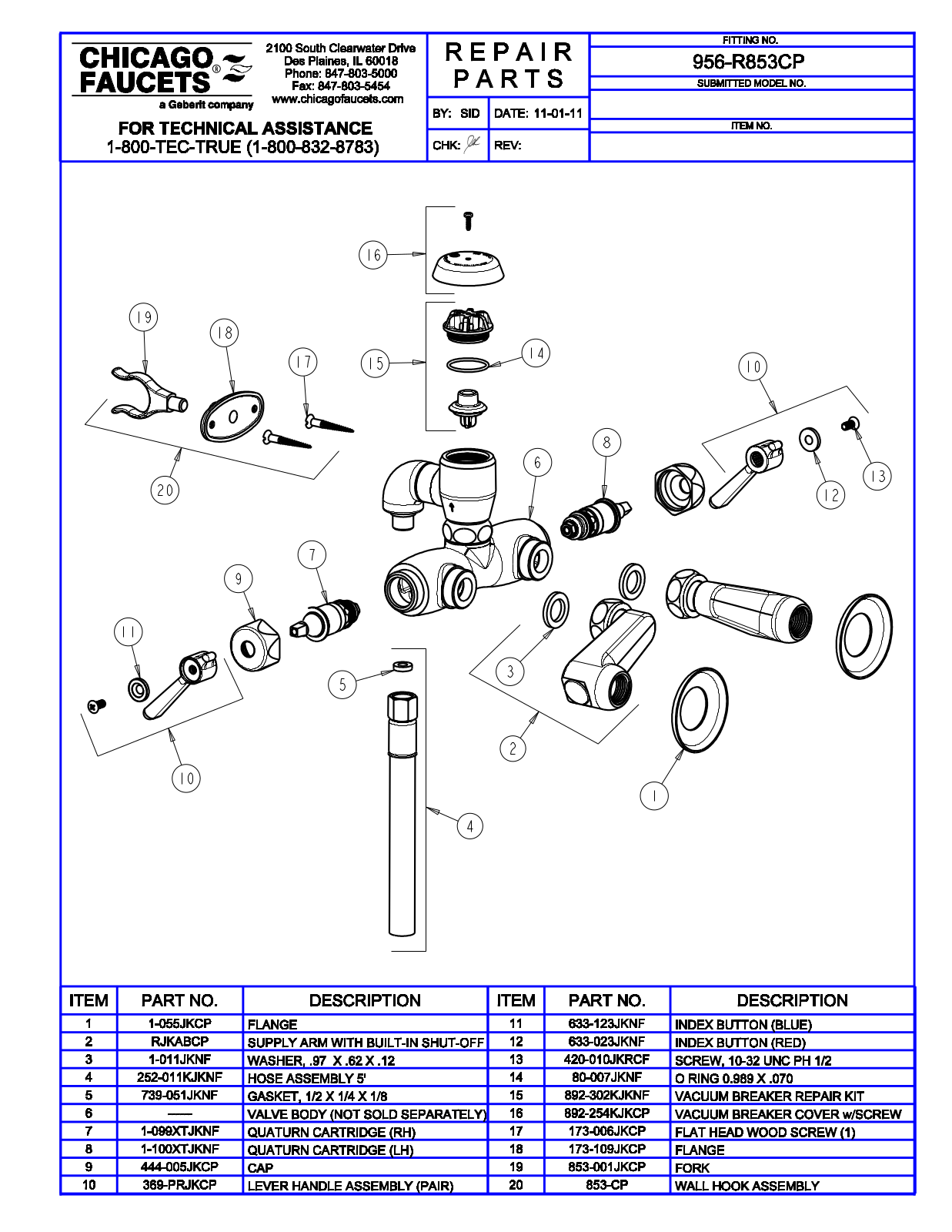 Chicago Faucet 956-R853CP Parts List