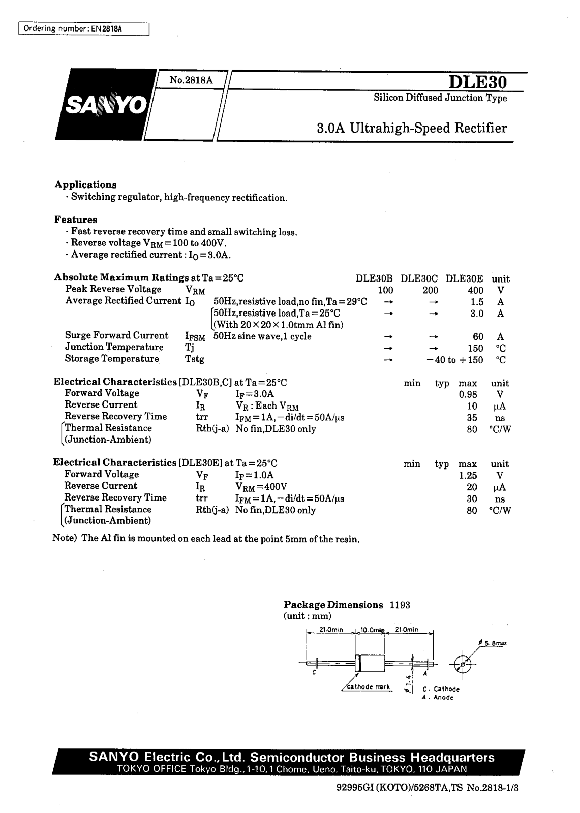 SANYO DLE30 Datasheet