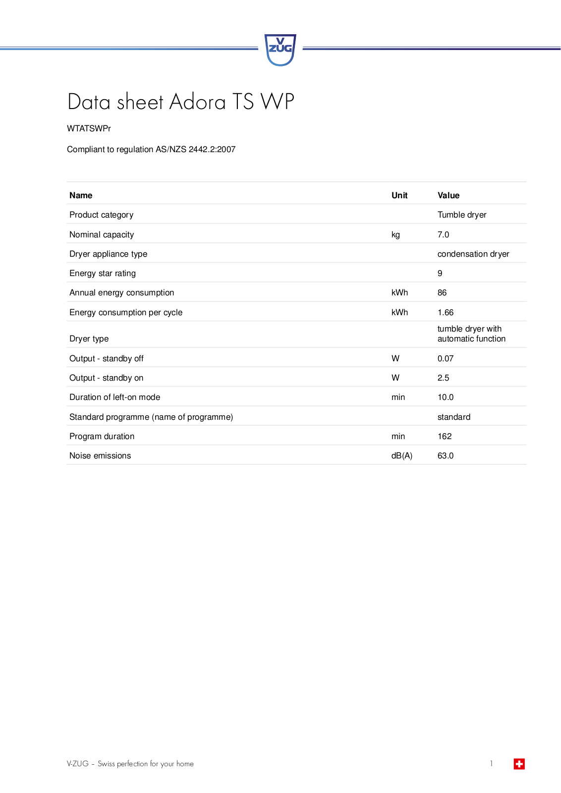 V-Zug WTATSWPr User Manual