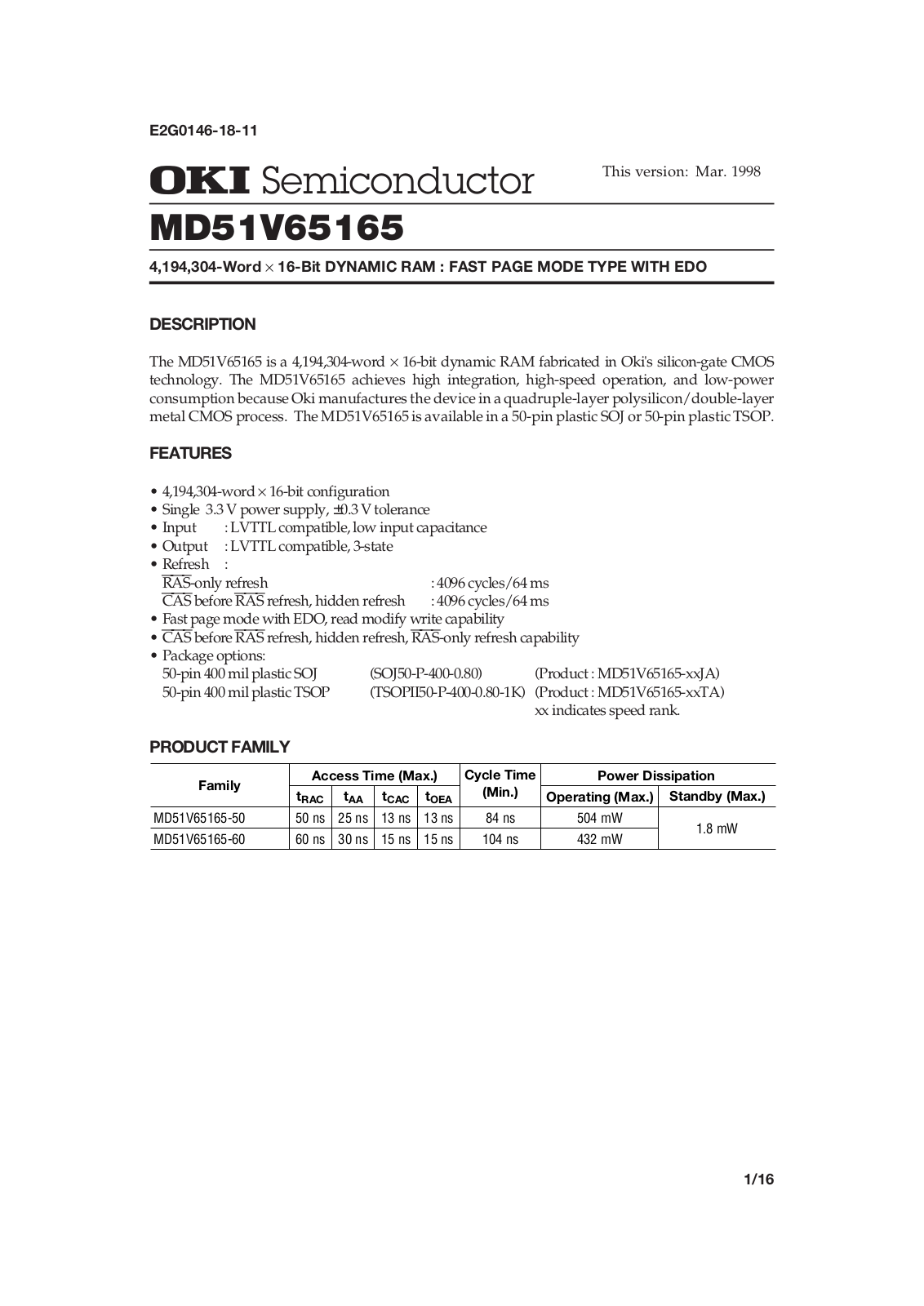 Datasheet MD51V65165-50JA, MD51V65165-50TA, MD51V65165-60JA, MD51V65165-60TA Datasheet (OKI) - ManualMachine.com