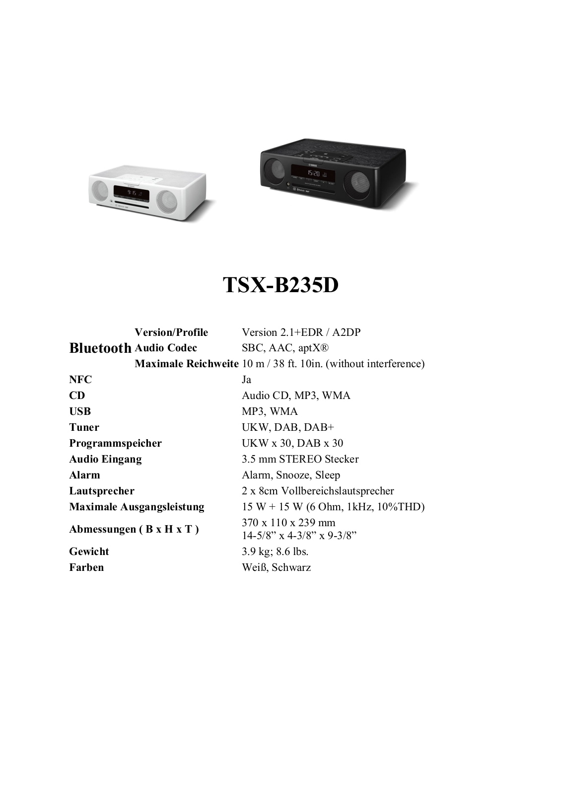 Yamaha TSX-B235D Technical data