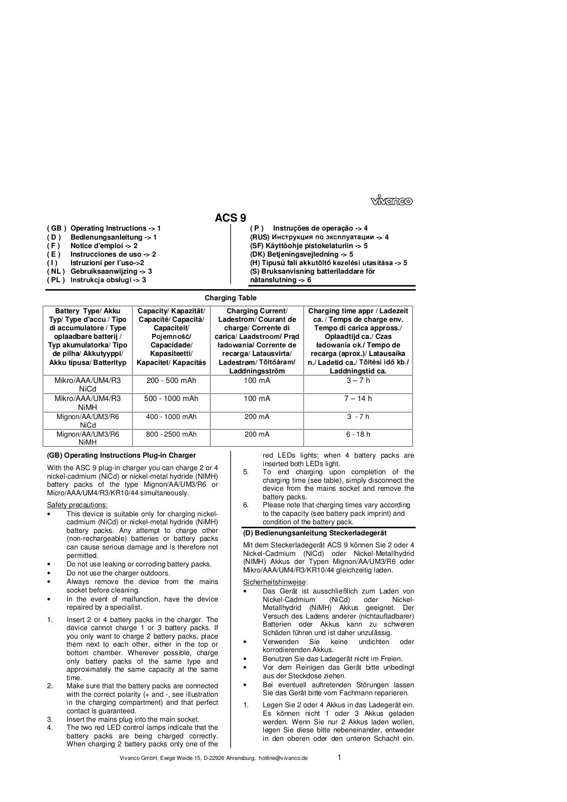 Vivanco ACS 9 Instructions Manual