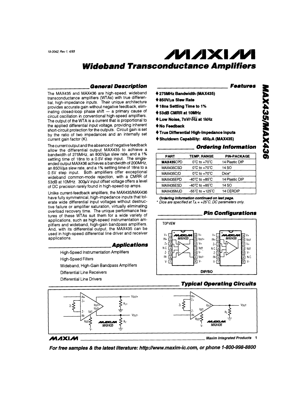 Maxim MAX436MJD, MAX436CPD, MAX436C-D, MAX435MJD, MAX435ESD Datasheet