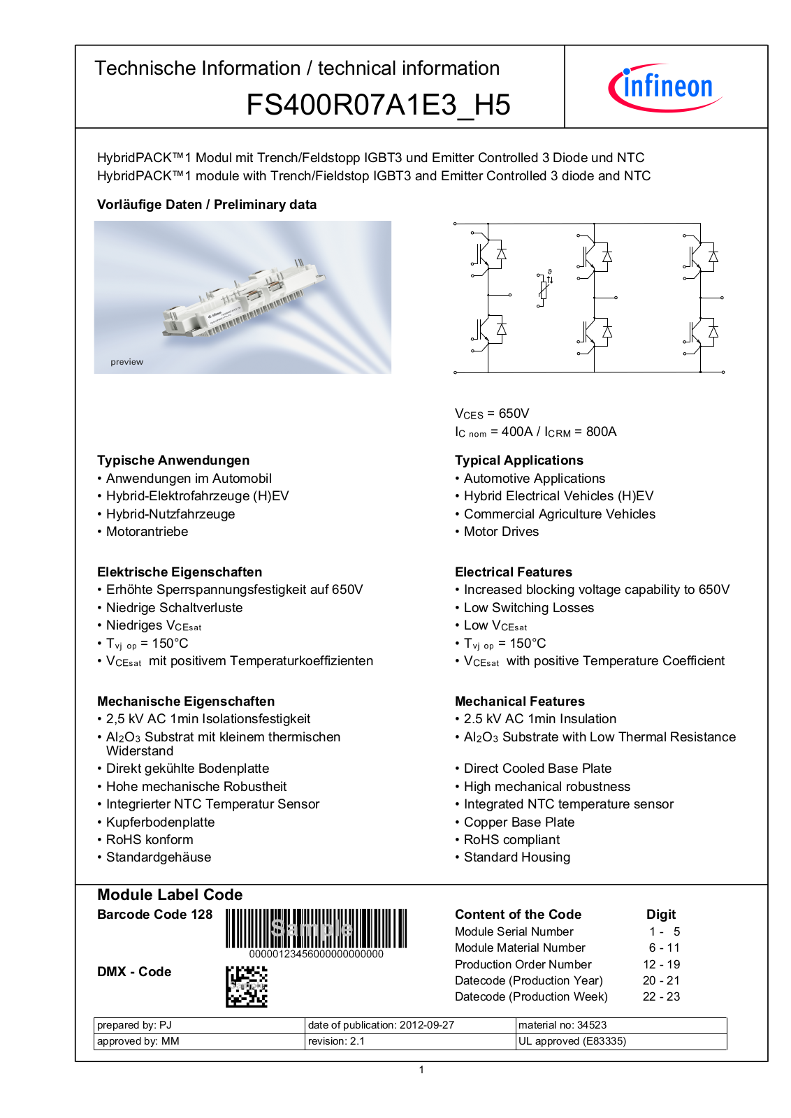 Infineon FS400R07A1E3_H5 Data Sheet