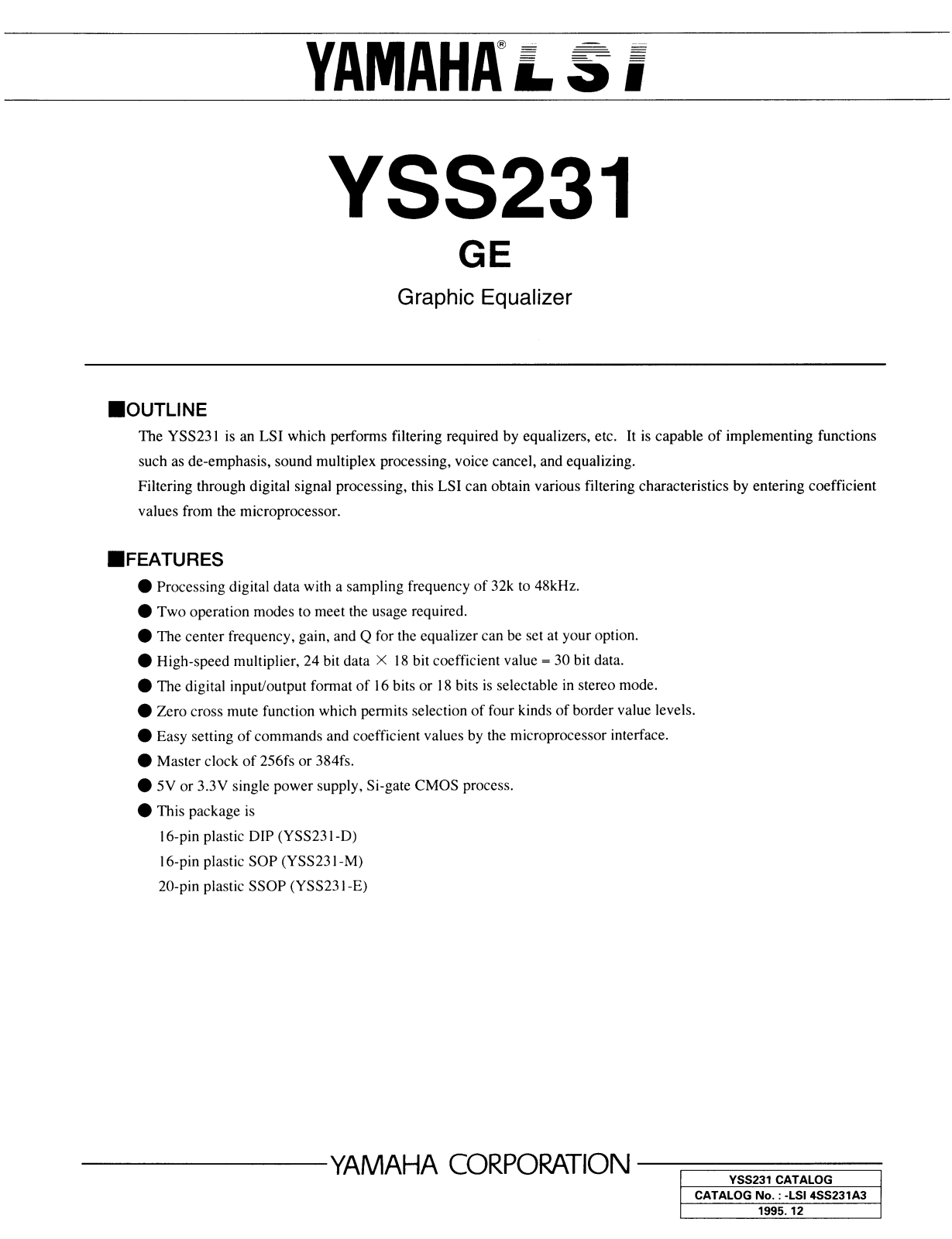 YAMAHA YSS231-D, YSS231-E, YSS231-M Datasheet