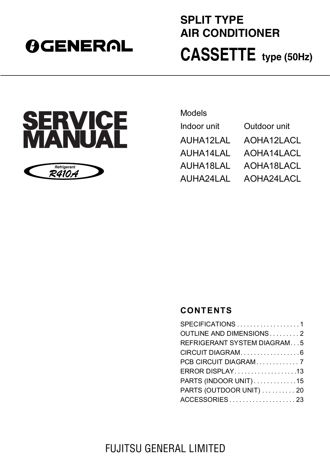 General AUHA12L, AUHA12LAL, AOHA12LACL, AUHA14L, AUHA14LAL Service Manual
