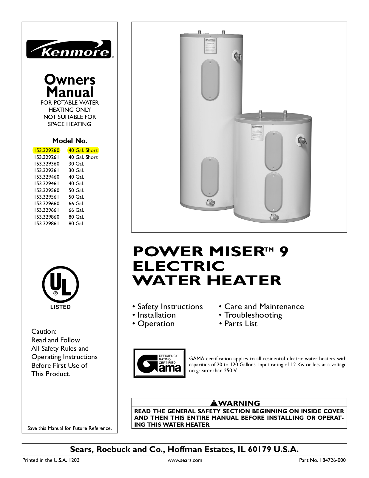 Kenmore 153329261, 153329260 Owner’s Manual