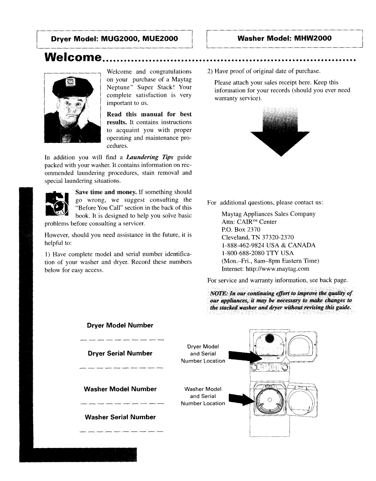 Maytag MUE2000AYM, MUG2000AXW, MUG2000AWW, MUE2000AZW, MUE2000AYW Owner’s Manual