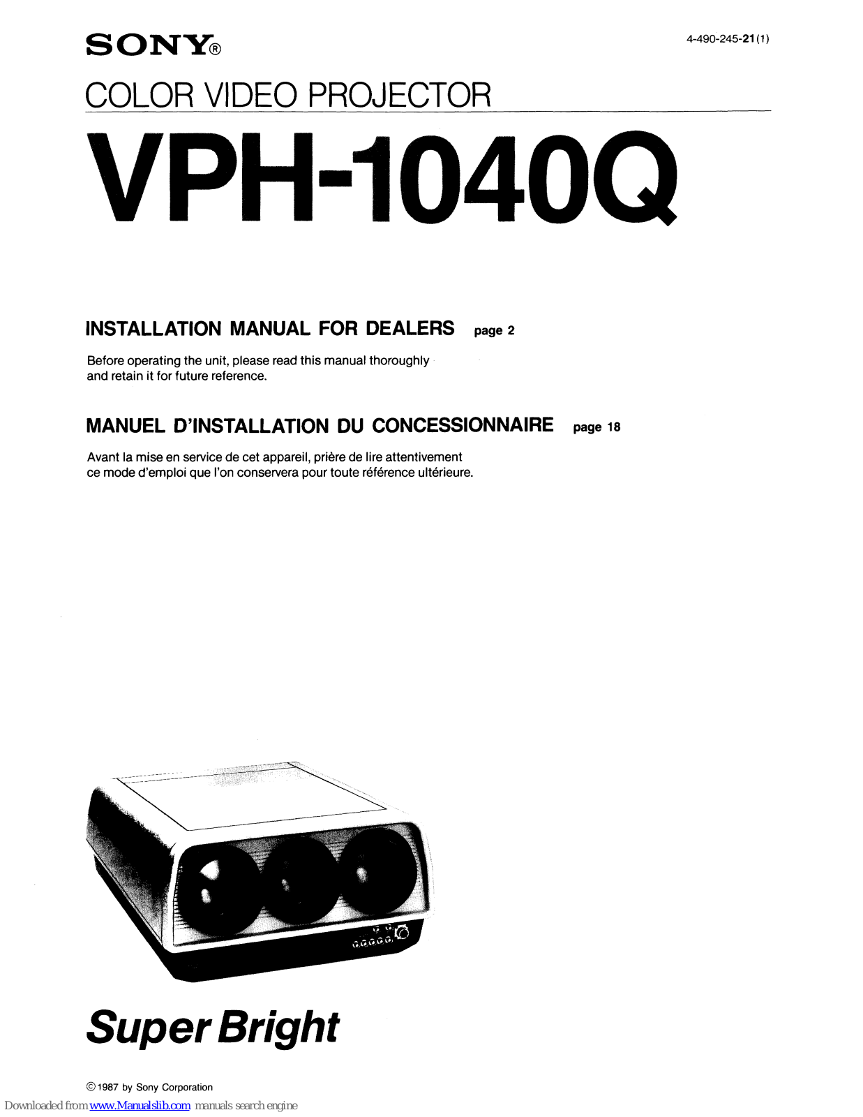 Sony VPH-1040Q Installation Manual