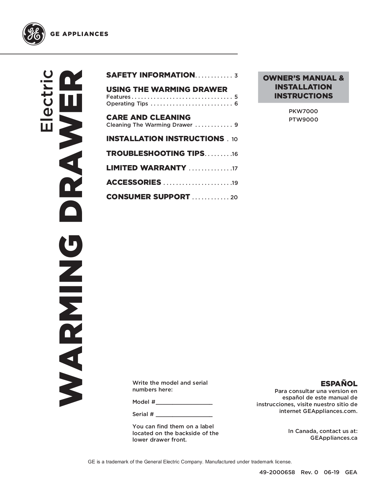 GE PTW9000SNSS, PKW7000SNSS Use & Care Guide