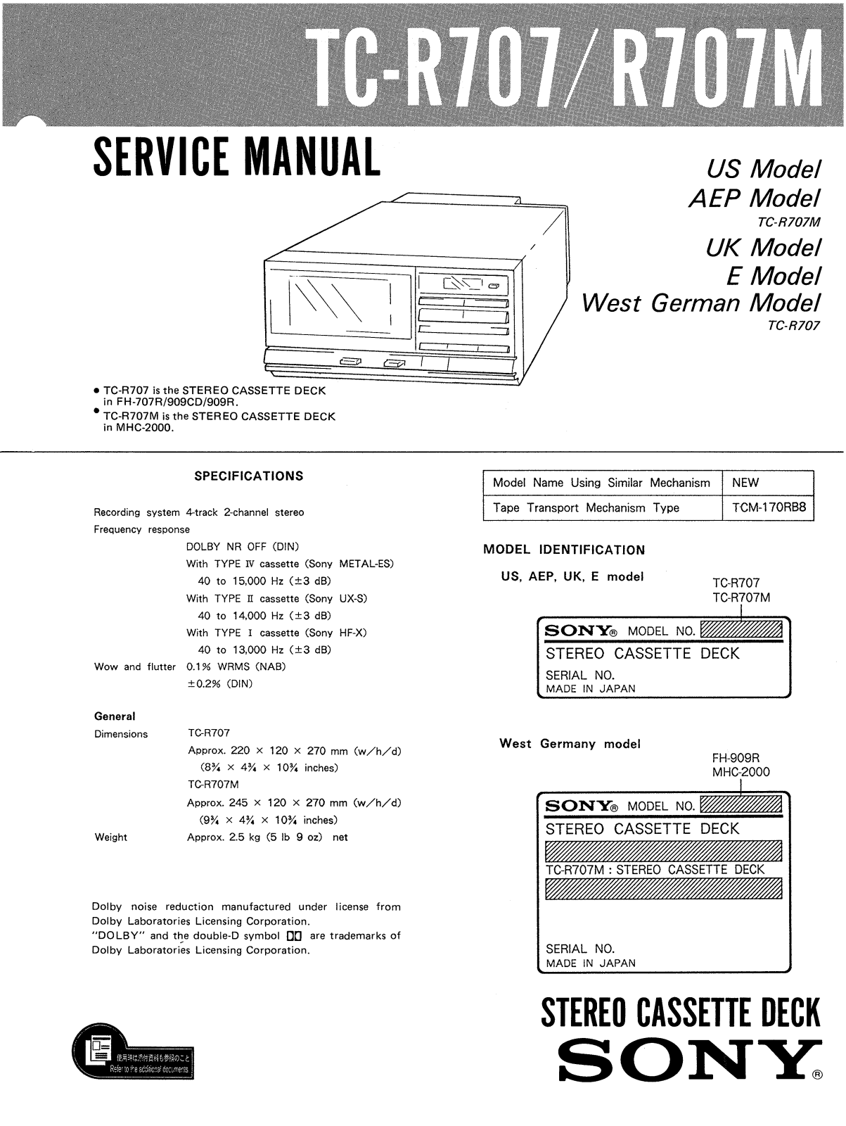 Sony TCR-707-M Service manual