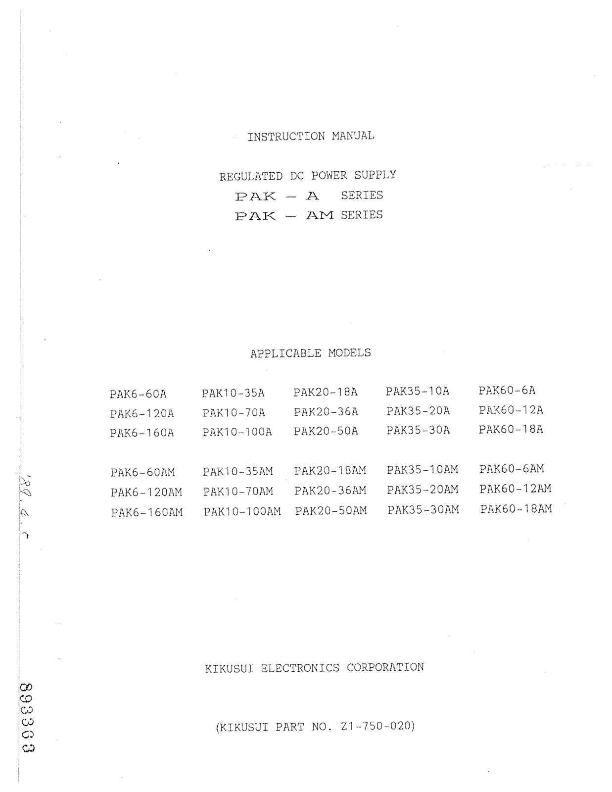 Kikusui Electronics Corporation PAK35-20AM, PAK35-30AM, PAK60-6AM, PAK60-12AM, PAK60-18AM User Manual