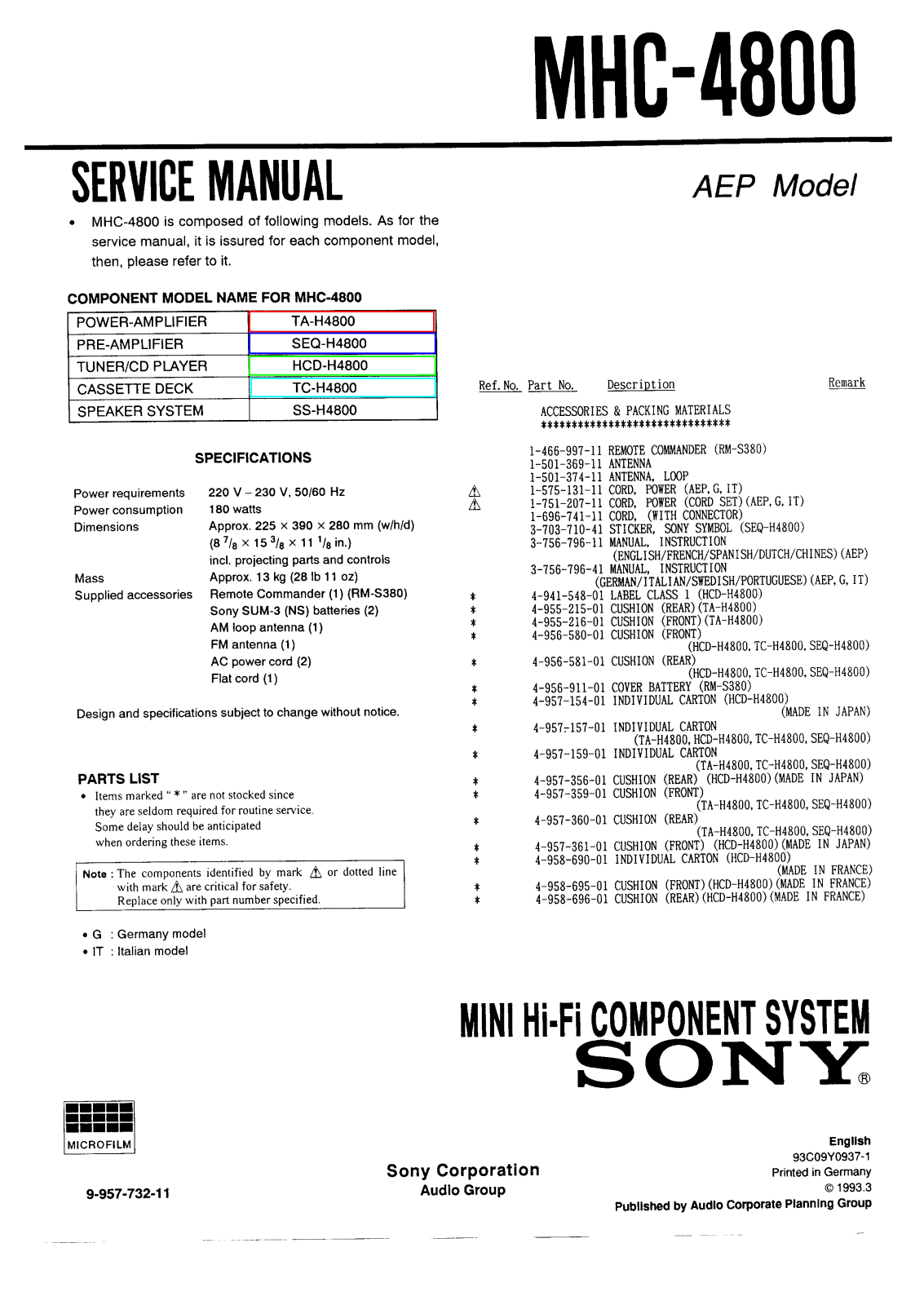Sony SS-H4800, TC-H4800, HCD-H4800, SEQ-H4800, TA-H4800 Service Manual
