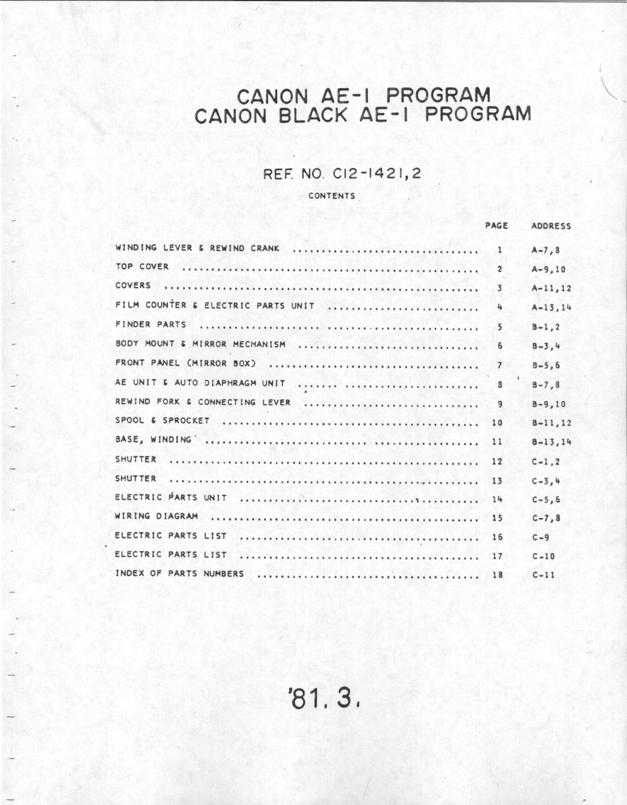 Canon AE-1 Program Parts list