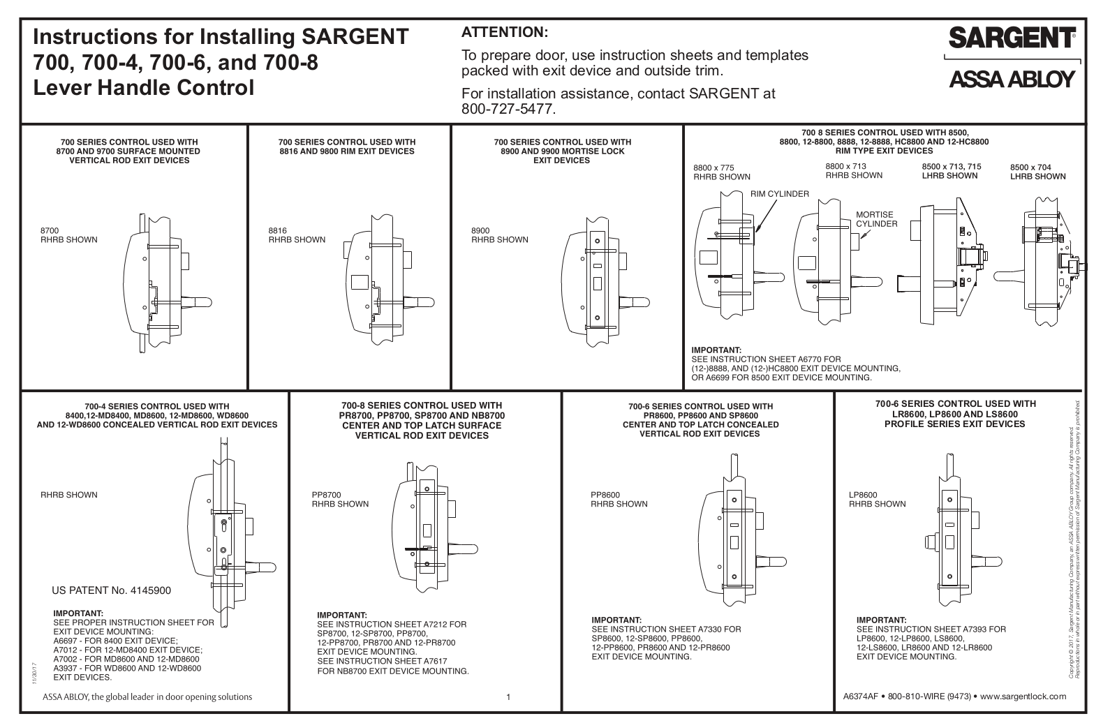 Assa Abloy Sargent 700, Sargent 700-4, Sargent 700-6, Sargent 700-8 Installation Instructions Manual - ManualMachine.com