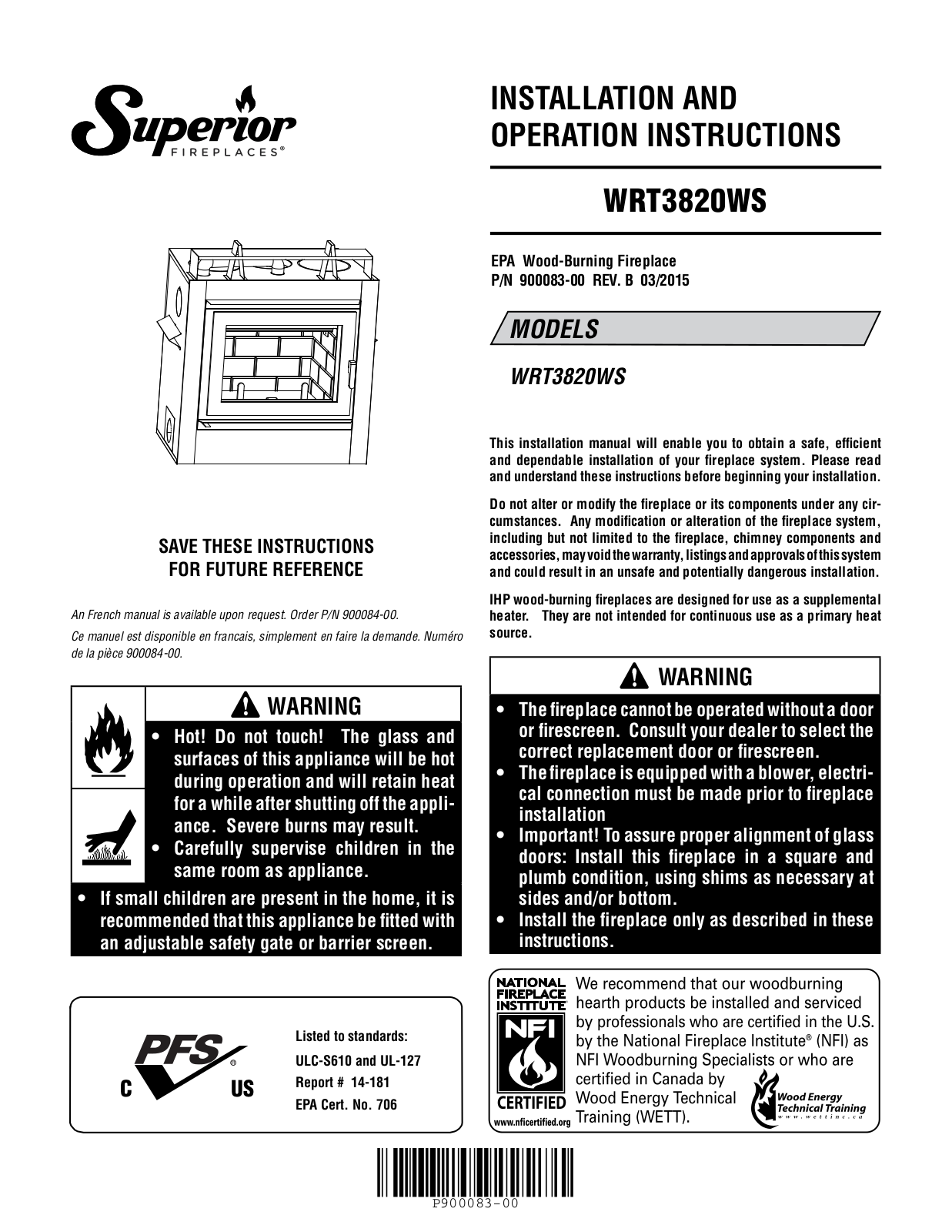 Superior WRT3820WS Installation And Operation Instructions Manual