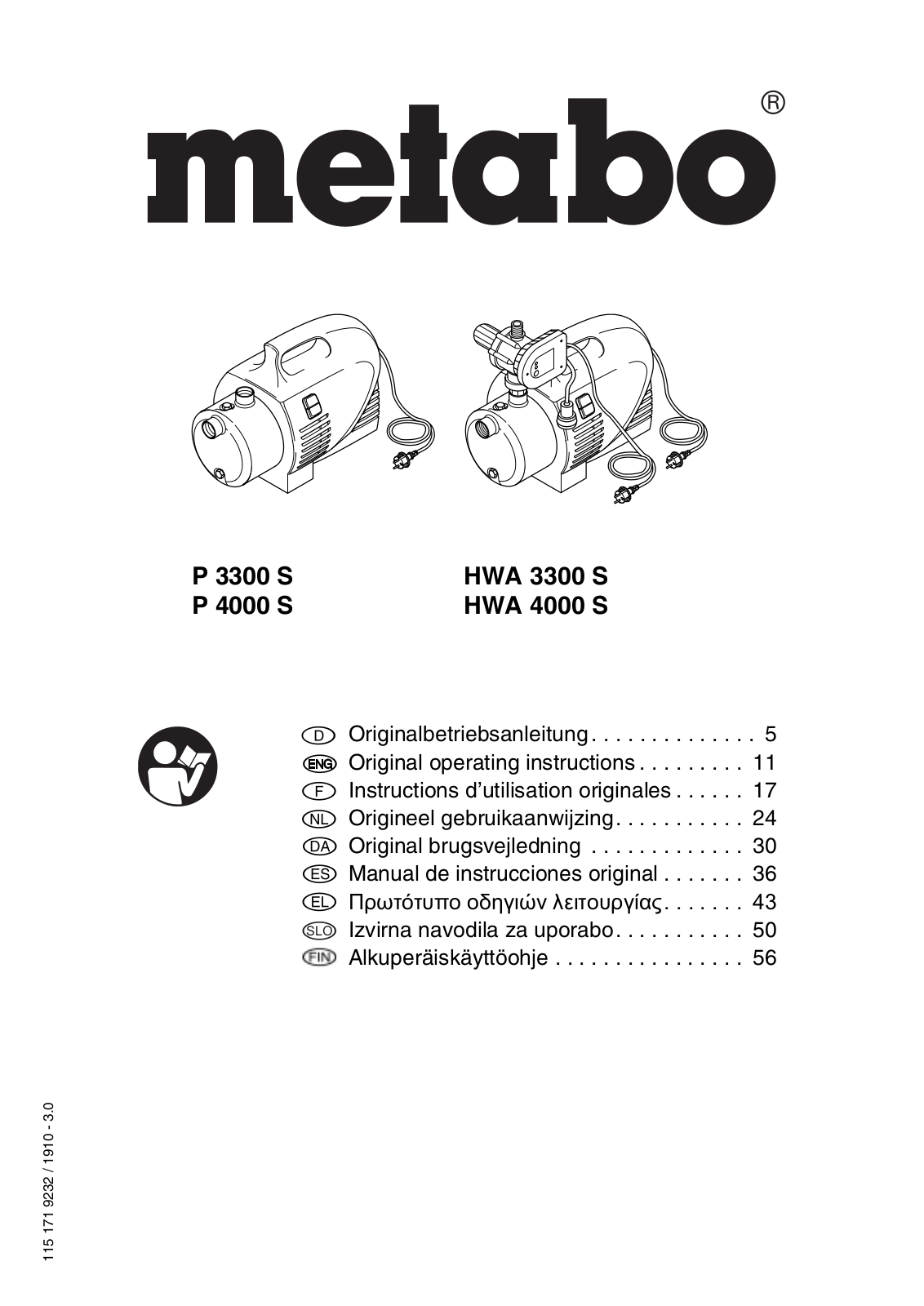 Metabo P 3300 S, HWA 4000 S, P 4000 S, HWA 3300 S Original Operating Instructions