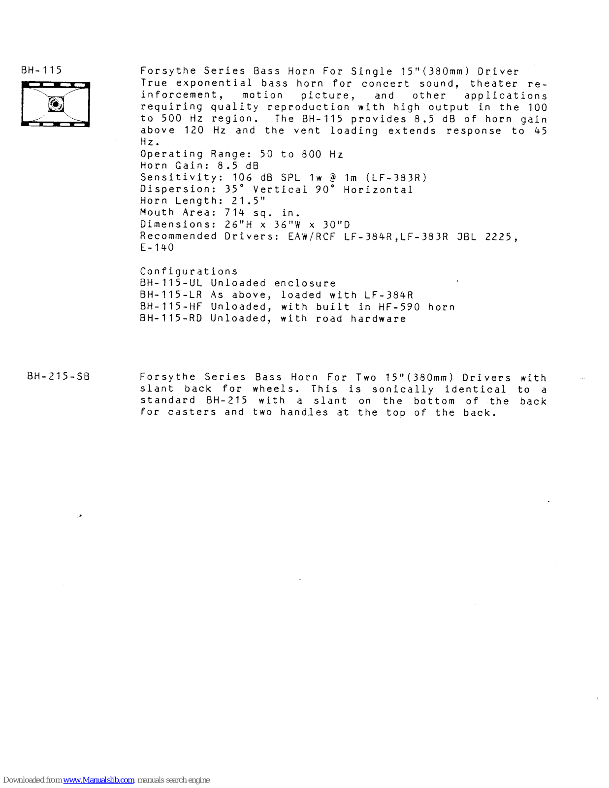 EAW BH115, BH215SB Specifications