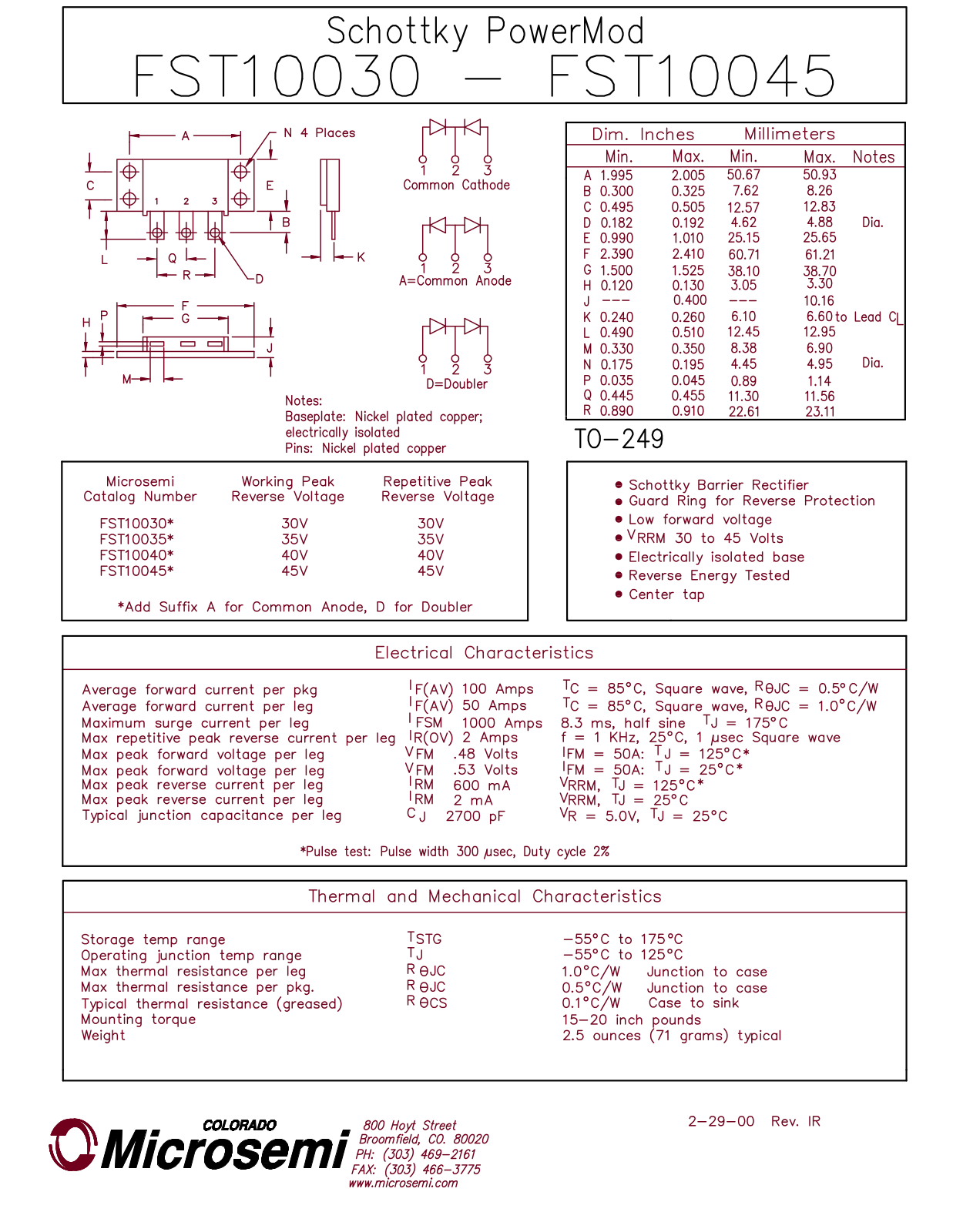 Microsemi Corporation FST10045, FST10040, FST10035, FST10030 Datasheet