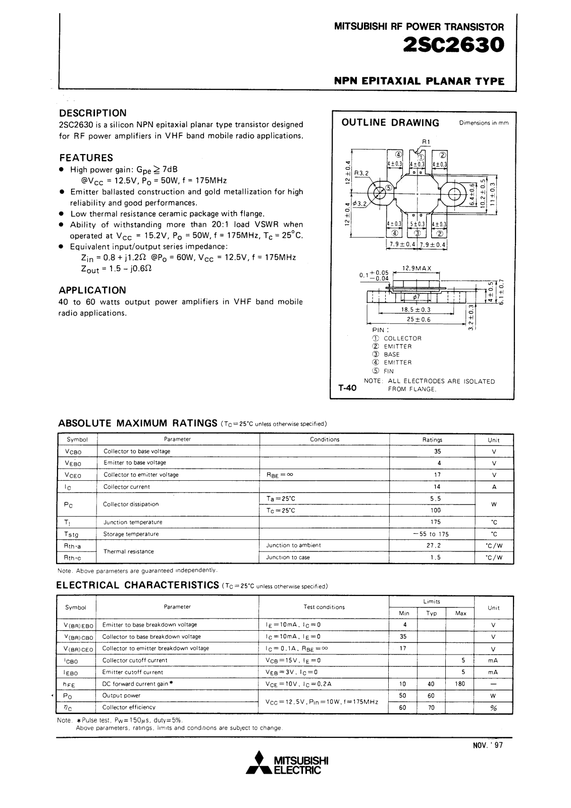 Mitsubishi Electric Corporation Semiconductor Group 2SC2630 Datasheet