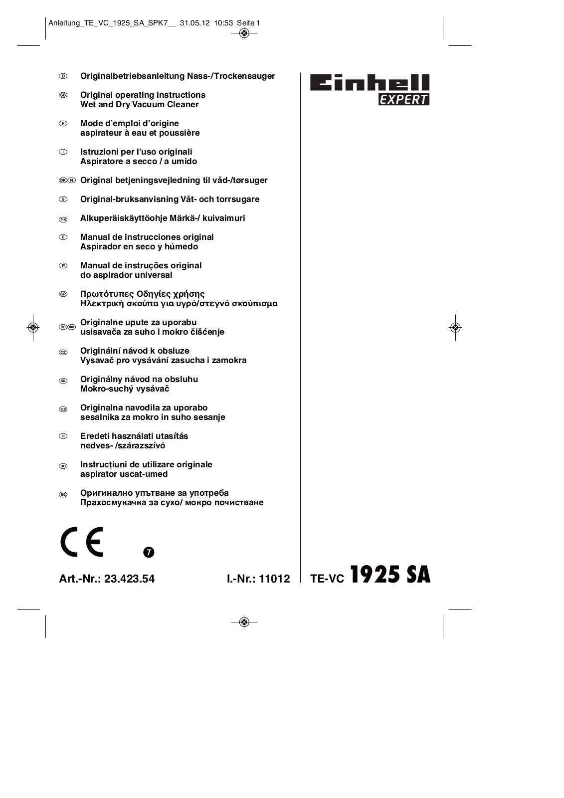 Einhell TE-VC 1925 SA operation manual