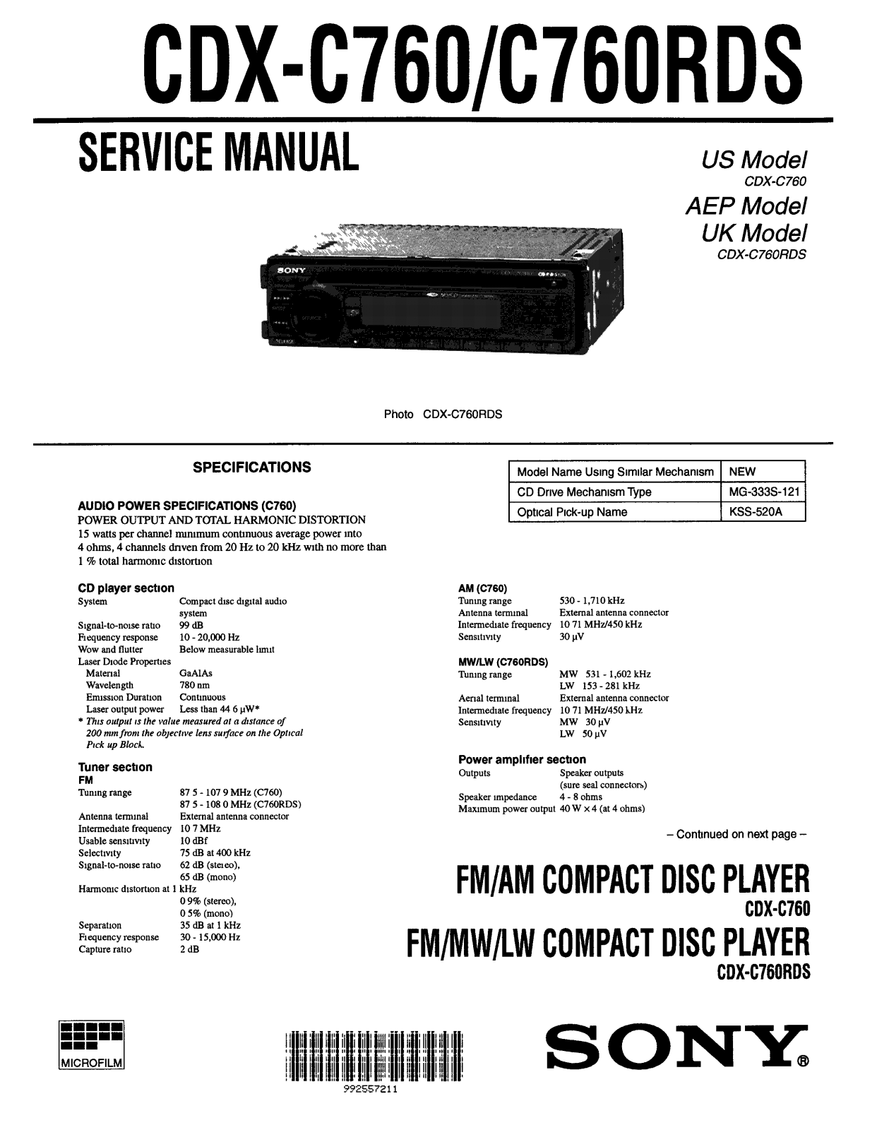 Sony CDXC-760-RDS Service manual