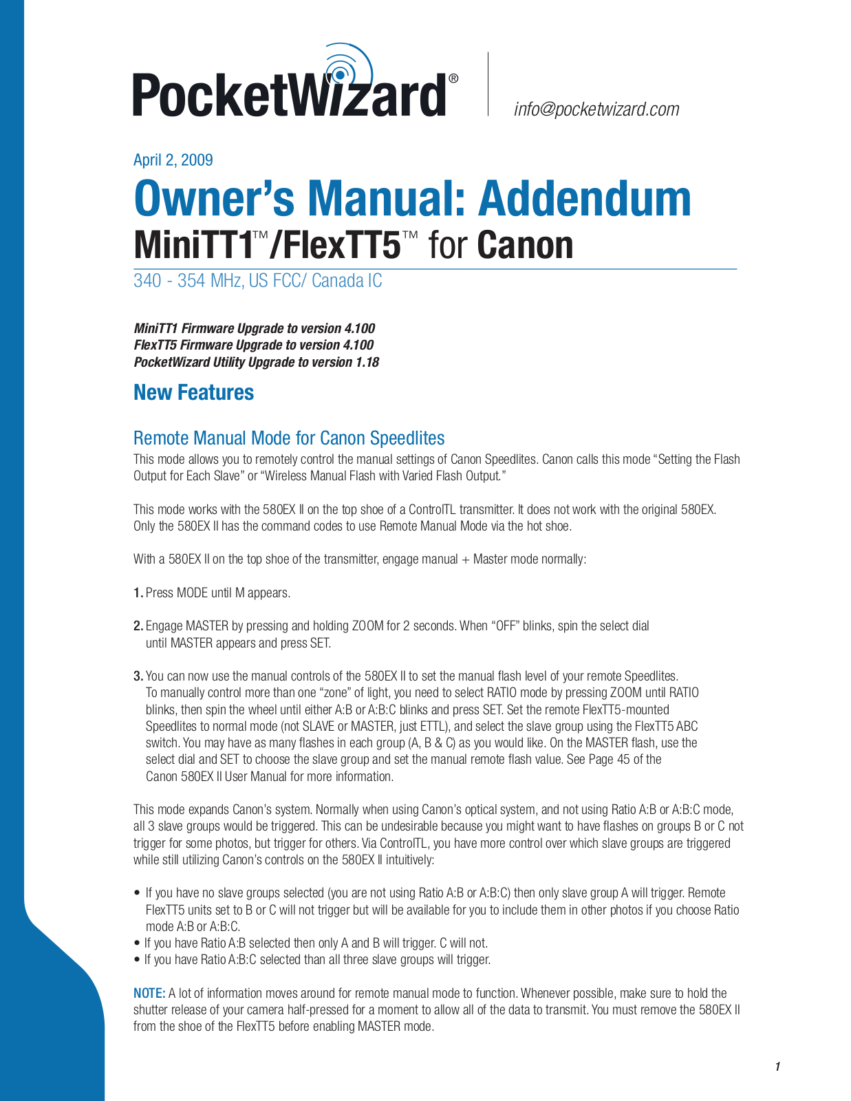 Pocketwizard FLEXTT5 ADDENDUM 5.200, MINITT1 ADDENDUM 5.200 User Manual