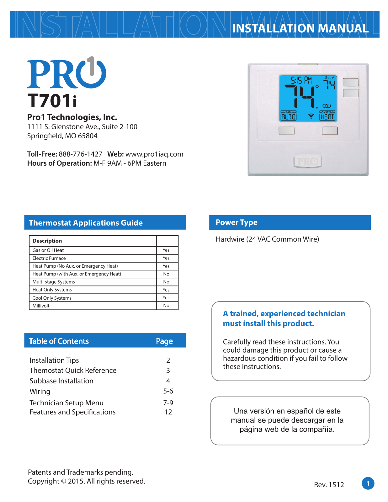 Klimaire T701I Installation Manual