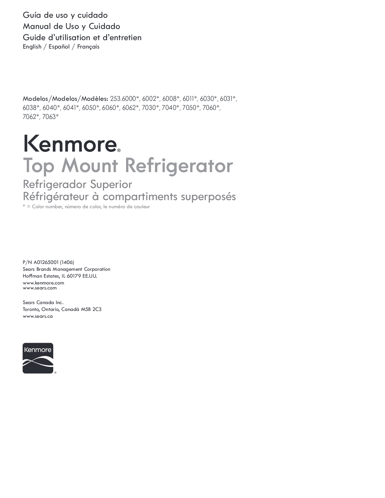 Kenmore 15 cu. ft. Top Freezer Refrigerator Owner's Manual