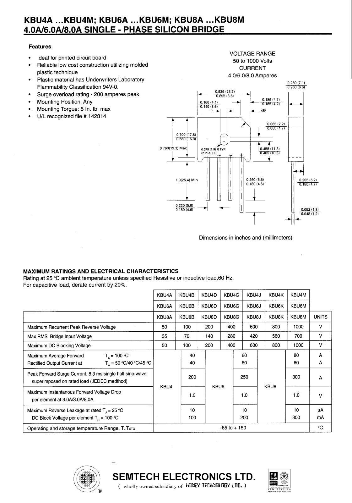 SEMTECH ELECTRONICS KBU8D, KBU8J, KBU8M, KBU8K, KBU8B Datasheet