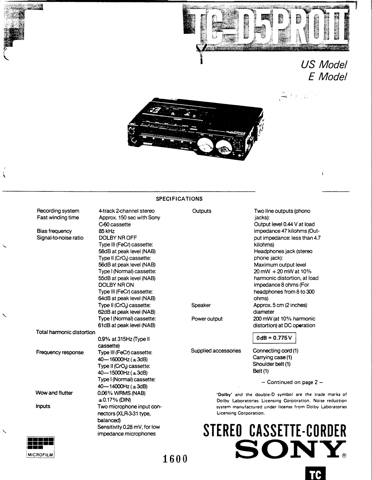 Sony TC-D5PROII User Manual