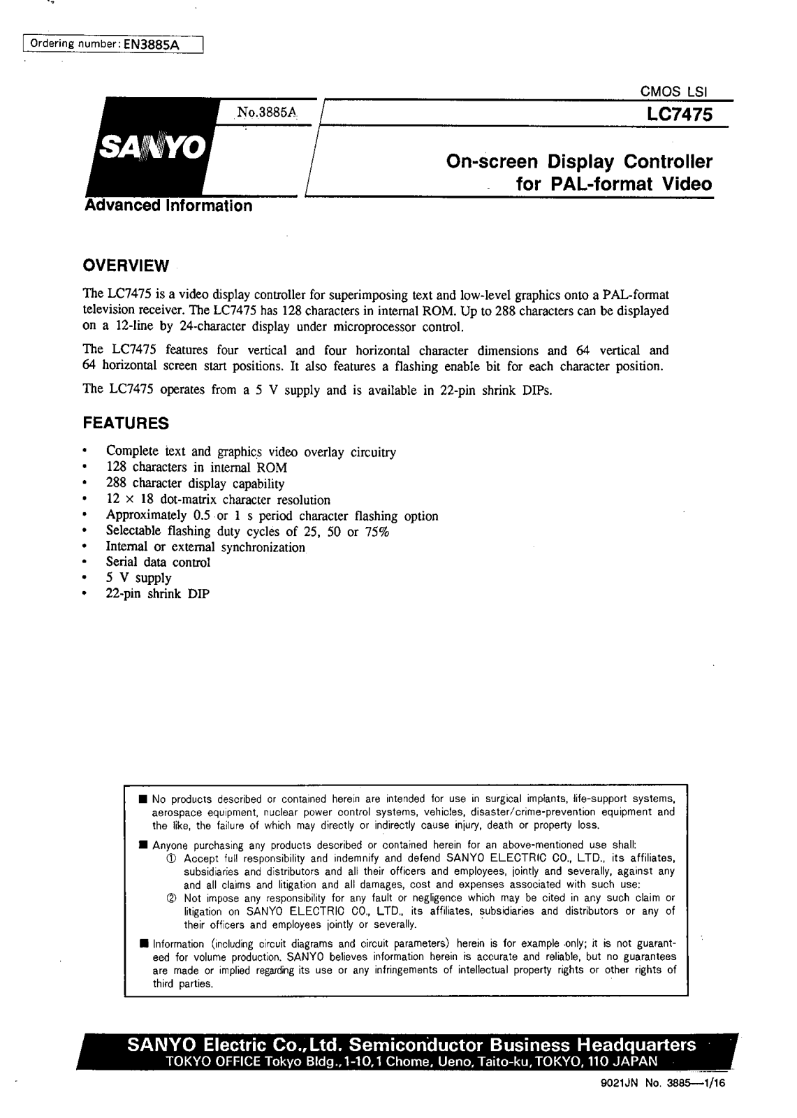 SANYO LC7475 Datasheet