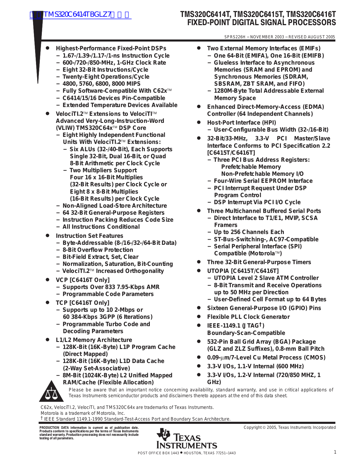 TEXAS INSTRUMENTS TMS320C6414T Technical data