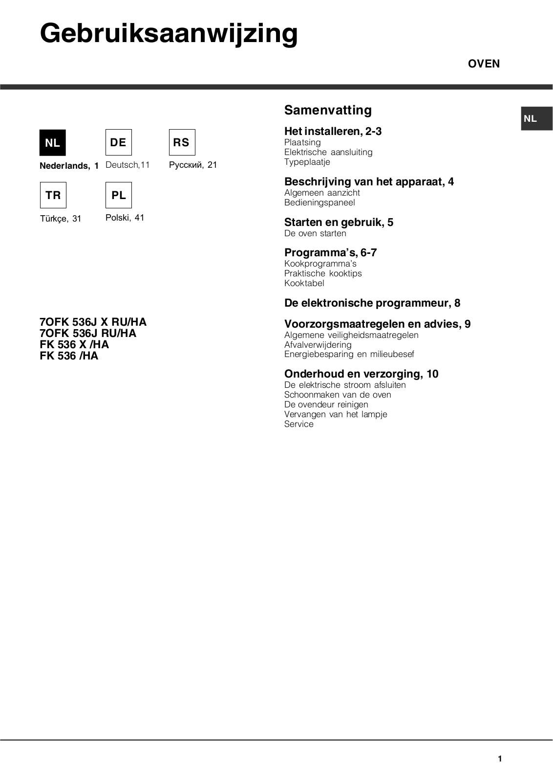 Hotpoint Ariston 7OFK 536J RU/HA, FK 536 X /HA, FK 536 /HA User Manual