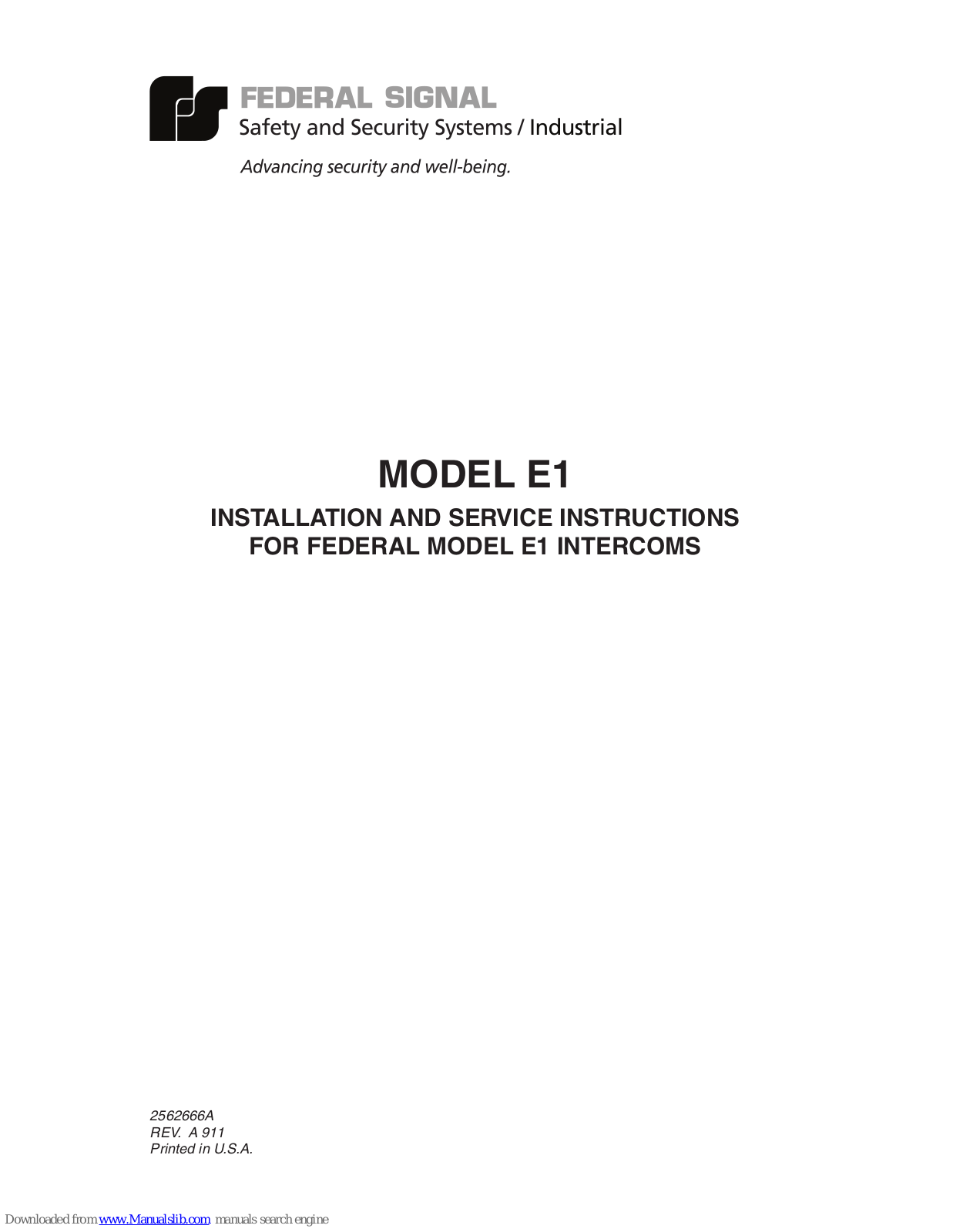 Federal Signal Corporation E1 Nstallation And Service Instructions