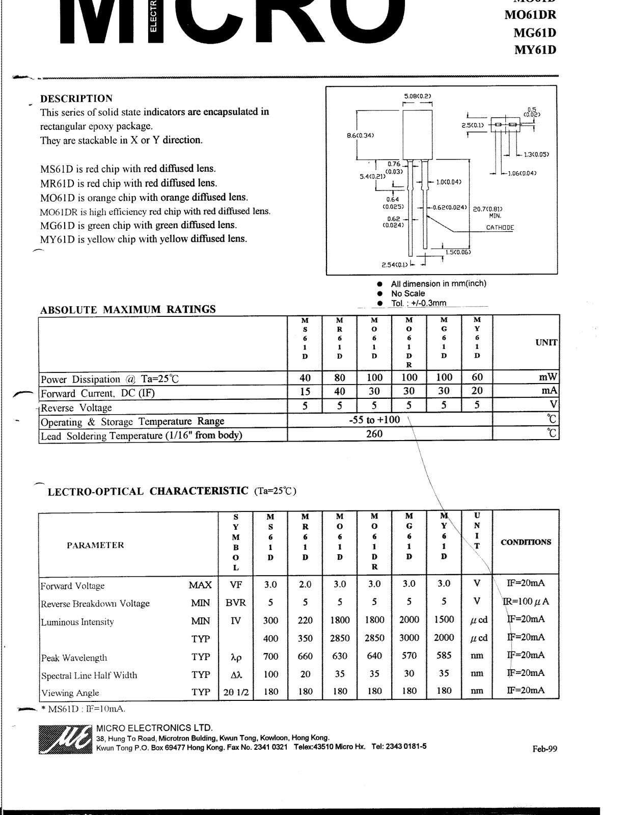 MICRO MS61D, MR61D, MO61D, MY61D, MO61DR Datasheet