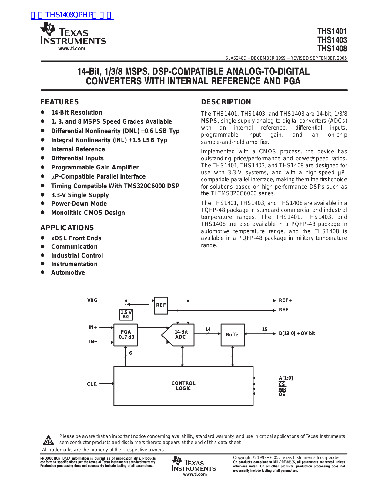 TEXAS INSTRUMENTS THS1401, THS1403, THS1408 Technical data