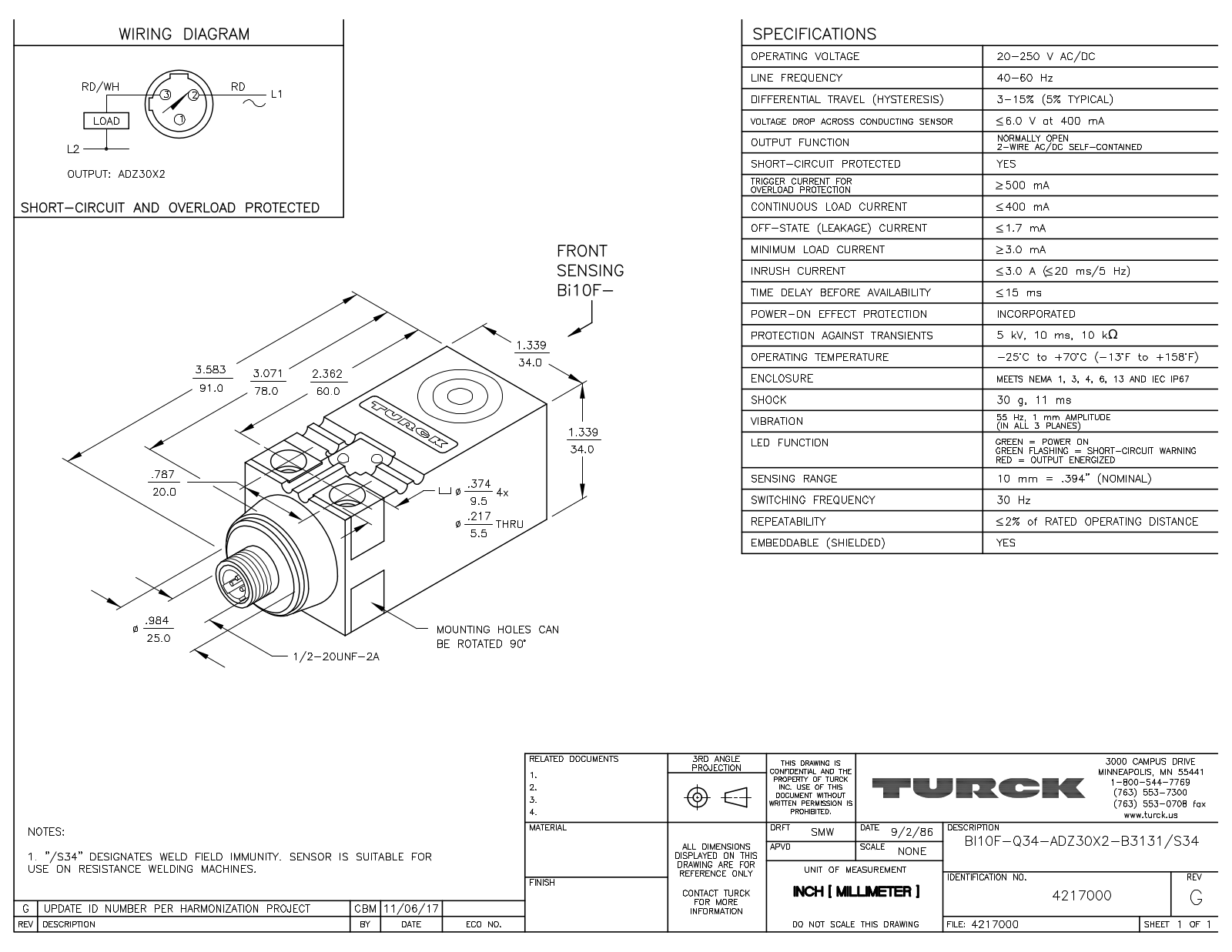 Turck BI10F-Q34-ADZ30X2B3131S34 Data Sheet