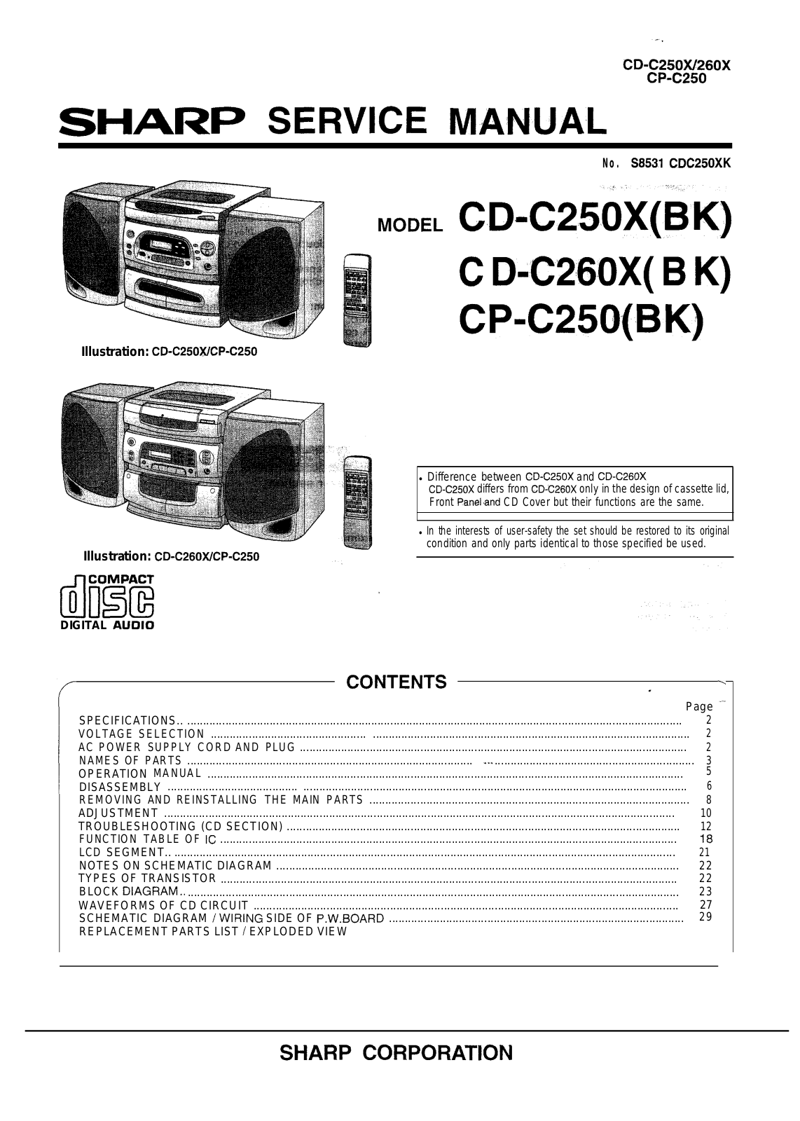 Sharp CD-C250X, CD-C260X Schematic