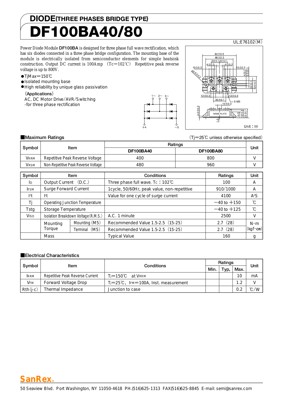 Sanrex-Sansha Electric Manufacturing DF100BA40, DF100BA80 Data Sheet