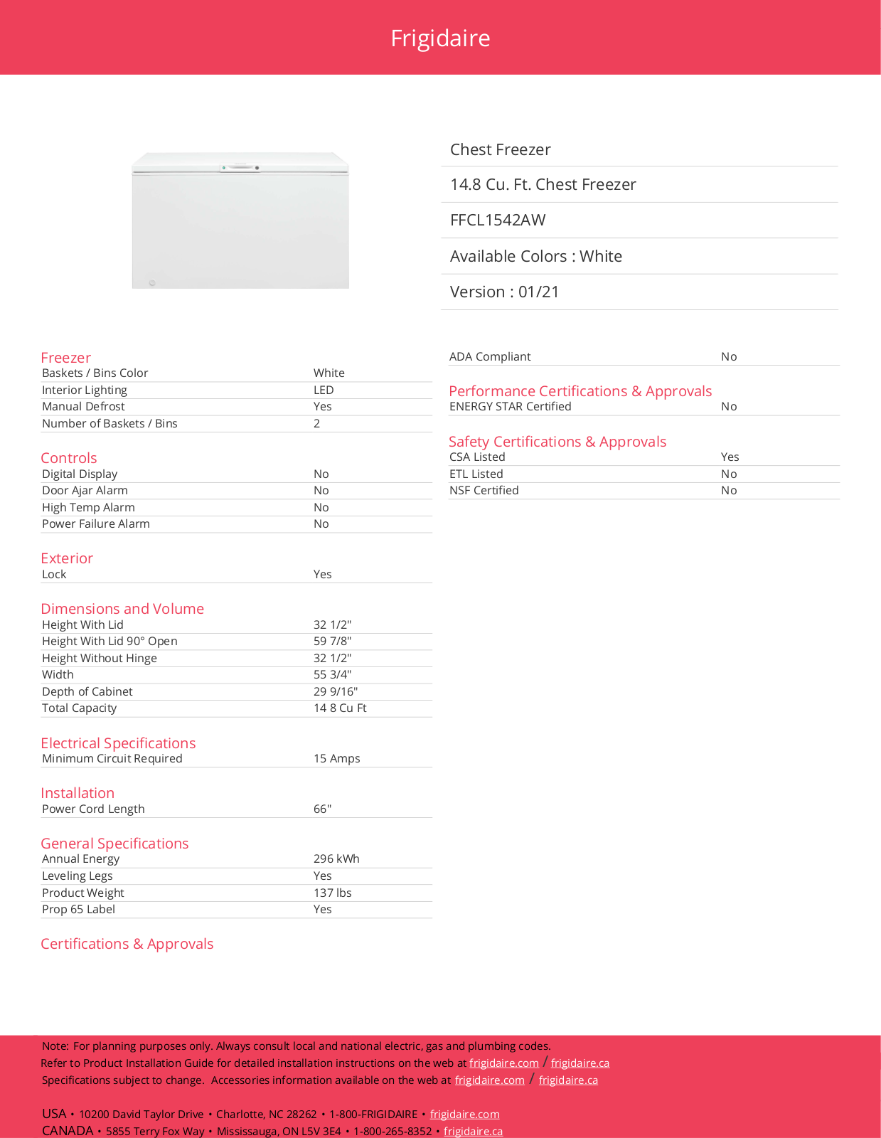 Frigidaire FFCL1542AW PRODUCT SPECIFICATIONS