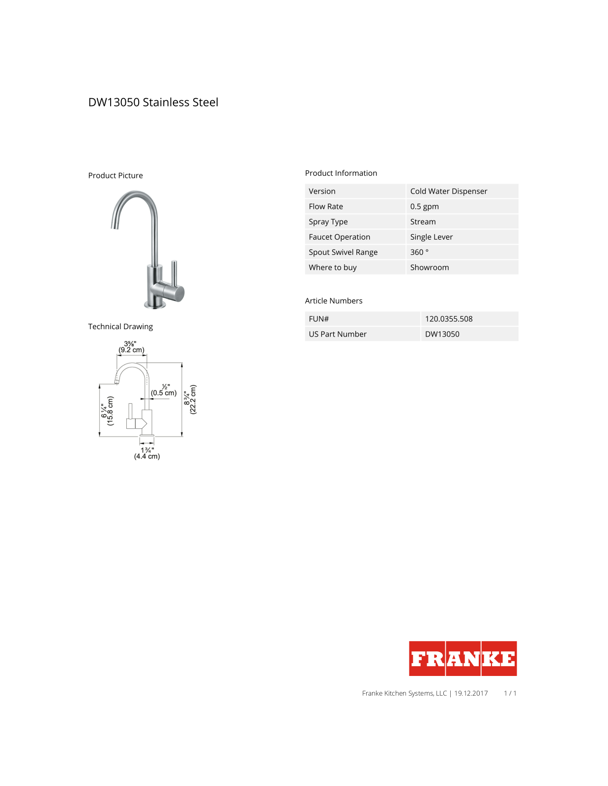 Franke DW13050 Specification Sheet