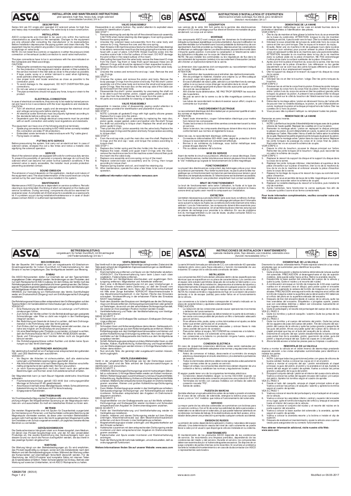 ASCO European Instruction Manual: Series 344 3/4 DC Single Solenoid Manuals & Guides