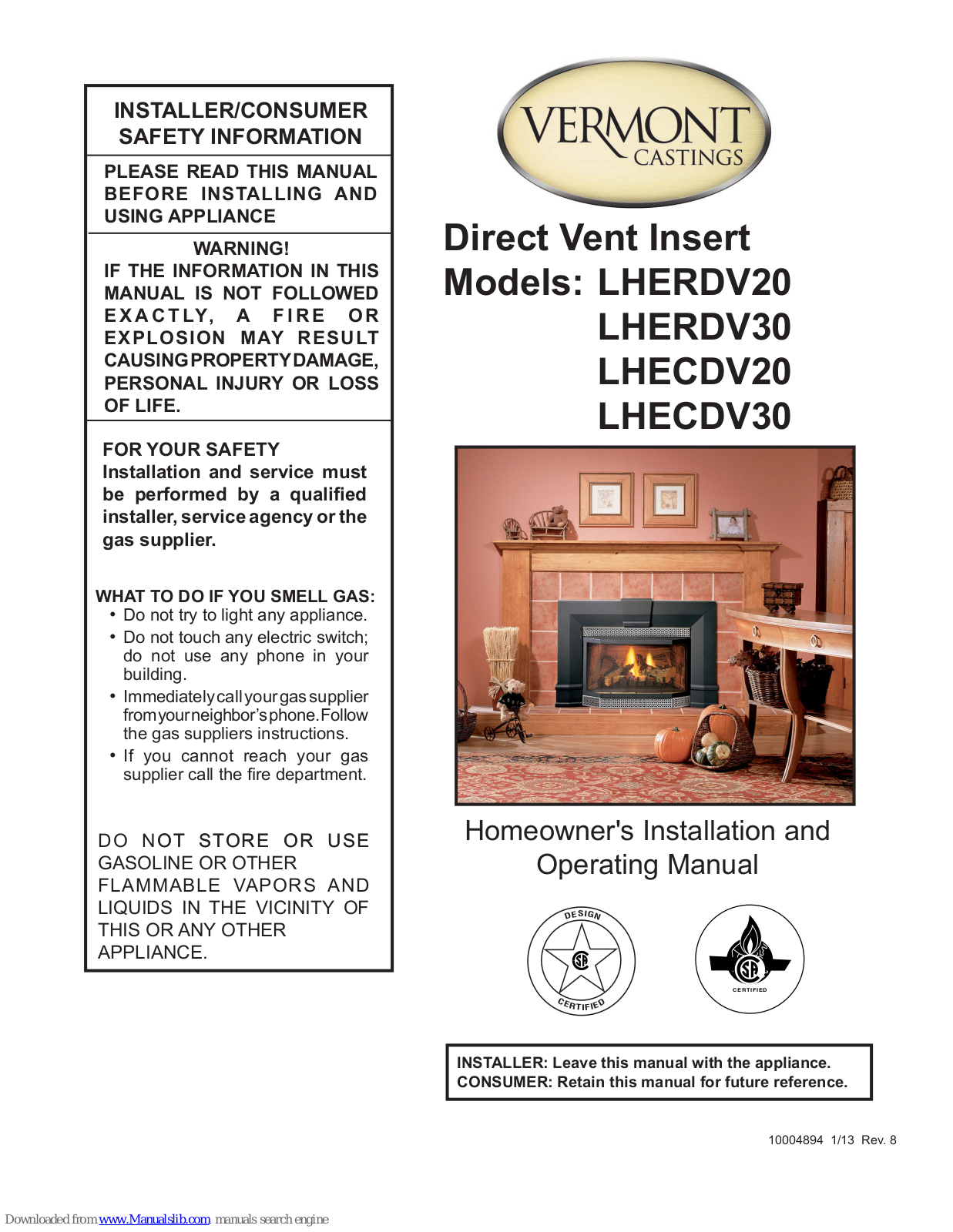 Vermont Castings LHERDV20, LHERDV30, LHECDV20, LHECDV30 Owners Installation And Operating Manual