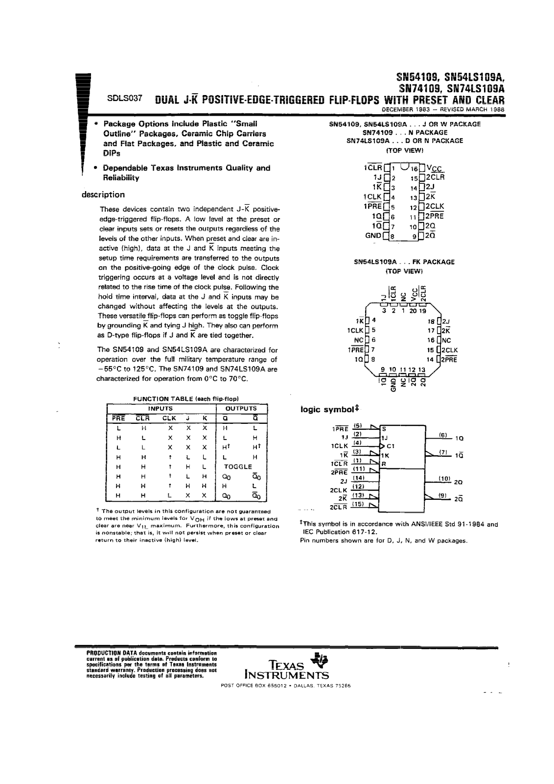 Datasheet JM38510-30109BFA, JM38510-30109BEA, JM38510-30109B2A, SN54LS109AJ, SN74LS109AD Datasheet (Texas Instruments) - ManualMachine.com