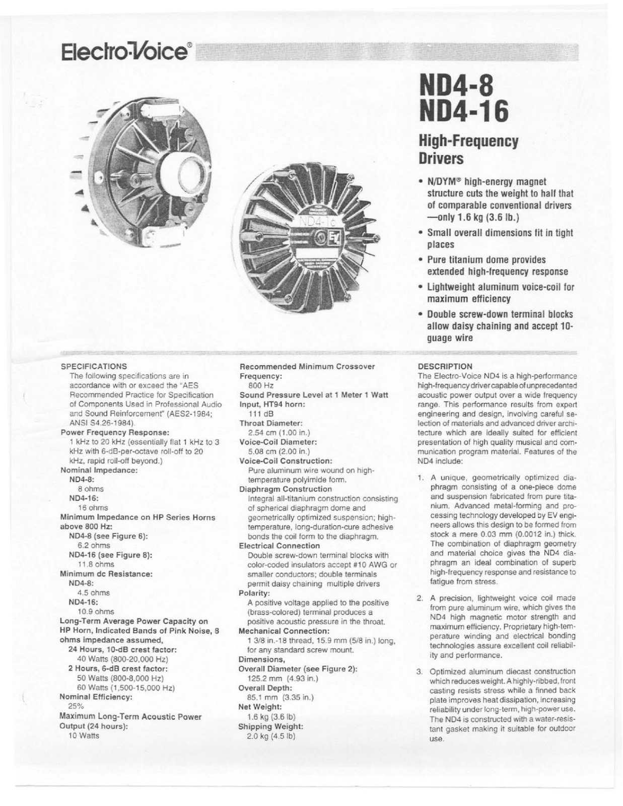 Electro-voice ND4-16, ND4-8 DATASHEET