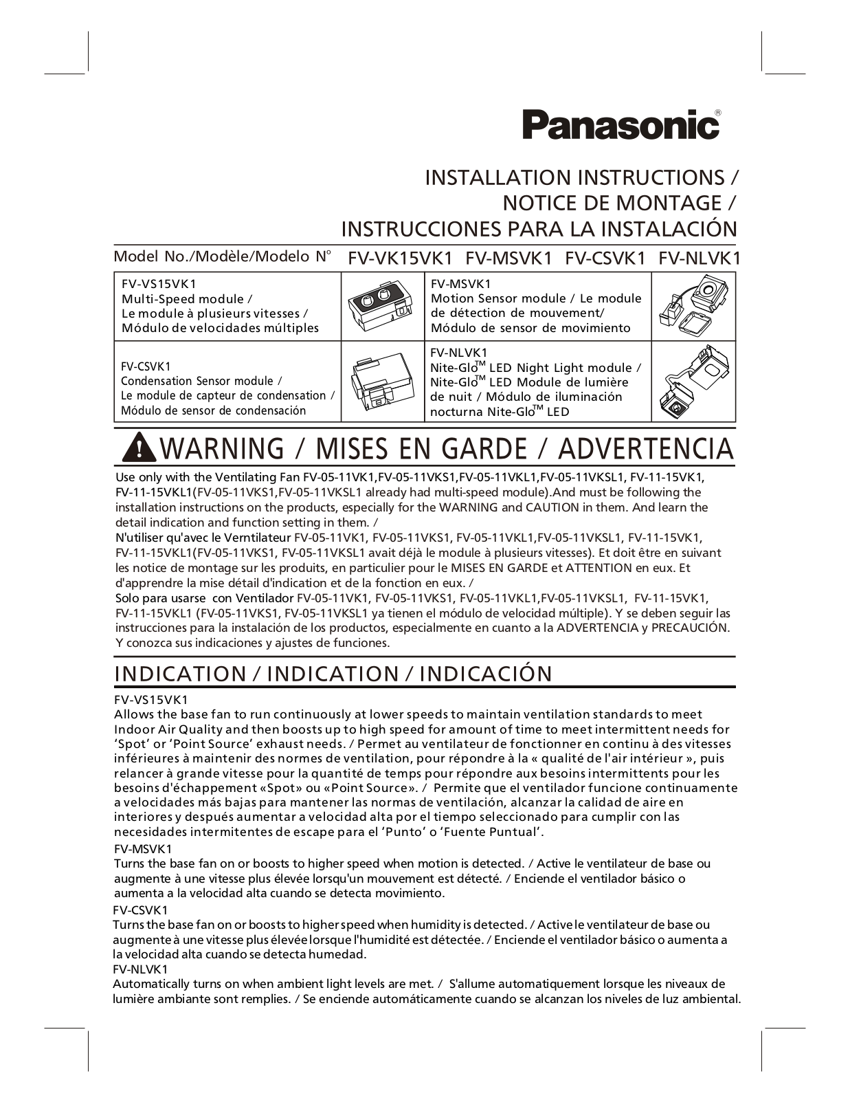 Panasonic FV-05-11VKL1, FV-MSVK1, FV-05-11VKS1, FV-11-15VK1, FV-NLVK1 Installation Manual