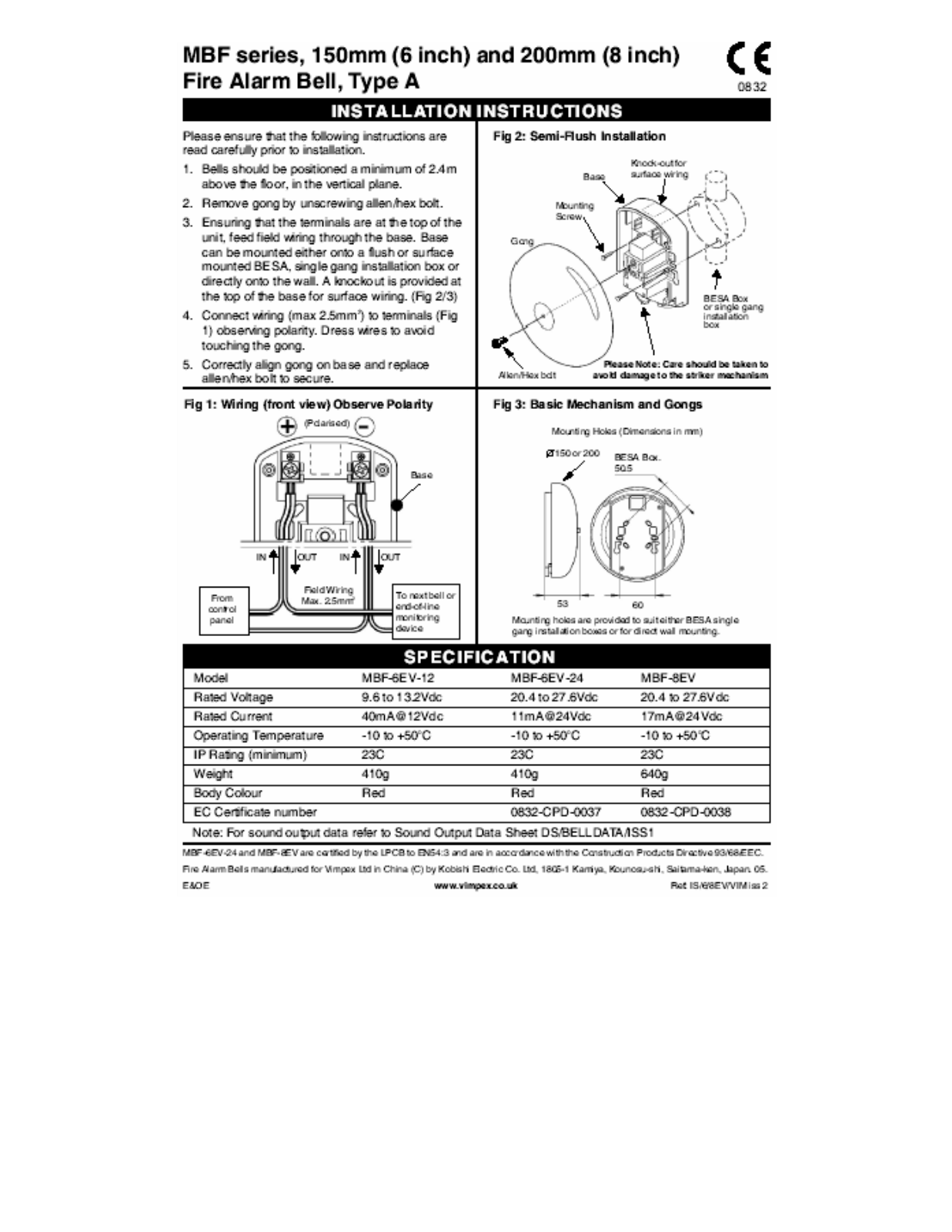 Klaxon MBF-6EV-12, MBF-6EV-24, MBF-8EV Installation Instruction