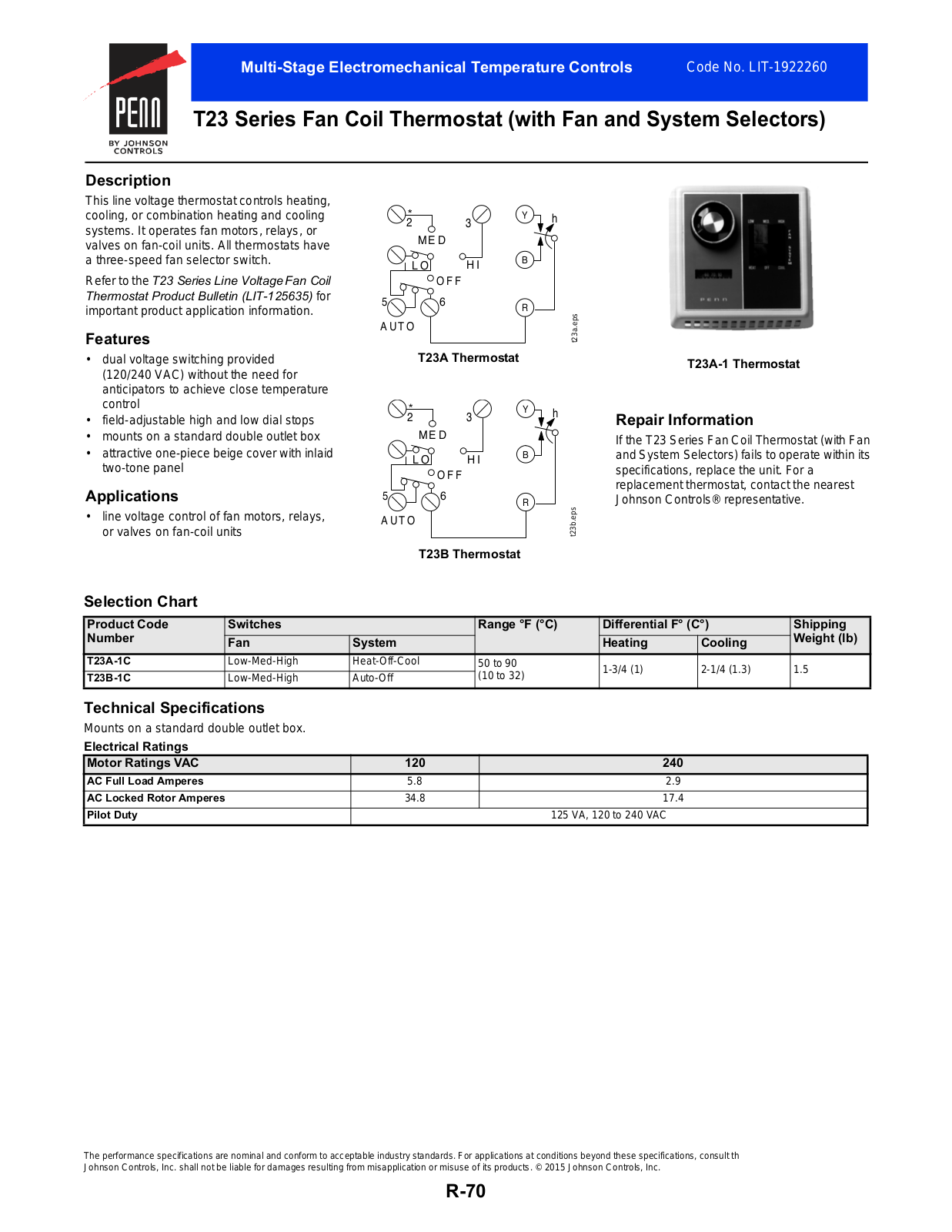 Johnson Controls T23 Series Data Sheet